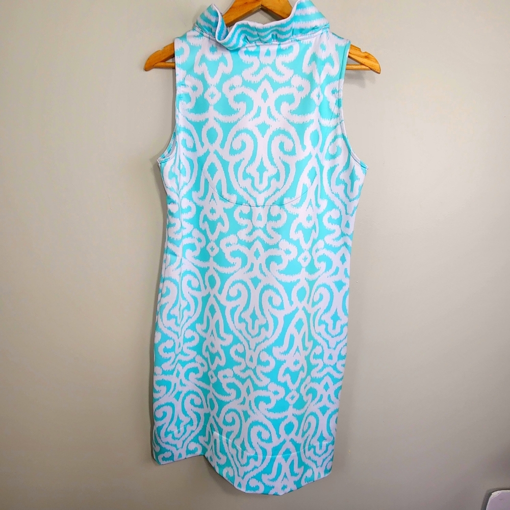 Gretchen Scott Dress Ruffle Ruffneck Sheath Turquoise Arabesque Size L Wedding - Picture 7 of 10